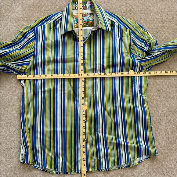 ROBERT GRAHAM Men Lime GreenBlackBlue Striped ButtonUp Cotton Silk Like Shirt-LG - Picture 11 of 11